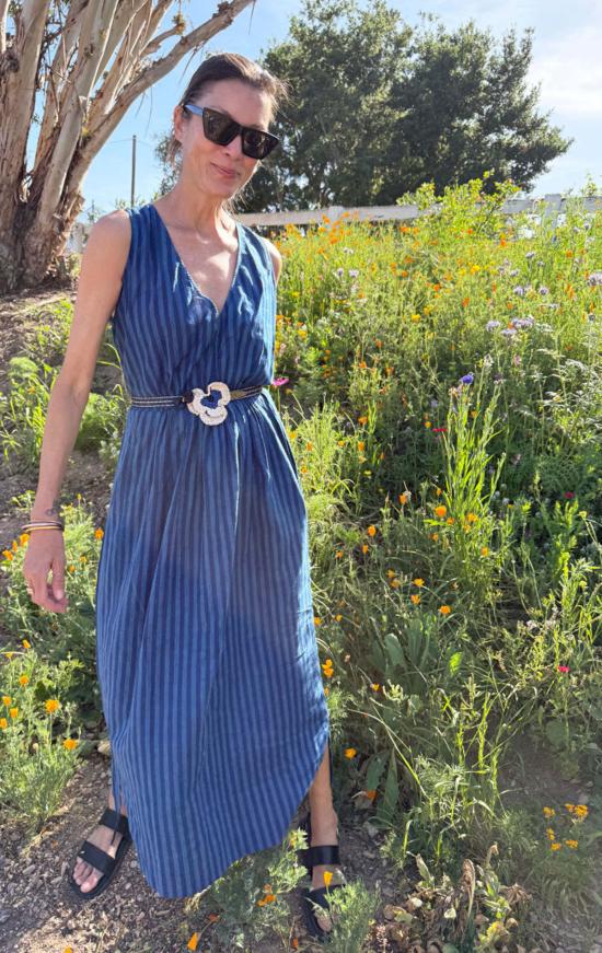  투 롱 원피스 두 줄 스트라이프 포켓 드레스, 인디고 스트라이프 - TWO