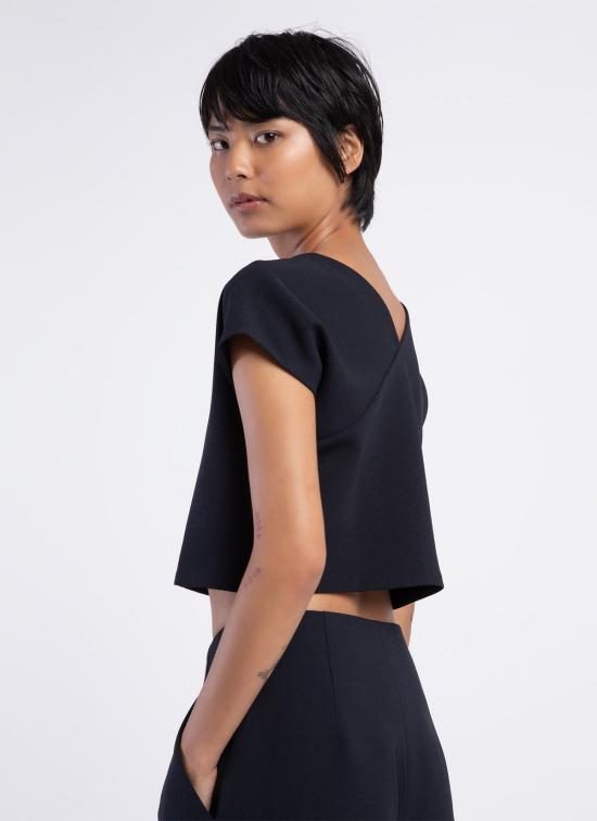  카렘 민소매 티셔츠 아들레이 백 브이 크롭탑 블랙 블루 - KAAREM