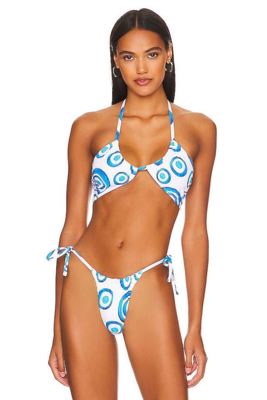  솔리드 앤 스트라이프 비키니 수영복 라이더 탑 이블 아이 프린트