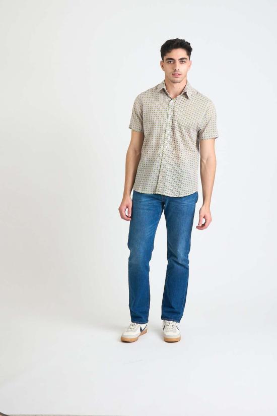  DUSHYANT. 반팔 셔츠 두샨트. 핸드 블록 프린팅 셰릴 반팔  네온 그린 그리드 - OTHER BRANDS