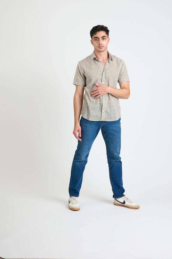  DUSHYANT. 반팔 셔츠 두샨트. 핸드 블록 프린팅 셰릴 반팔  네온 그린 그리드 - OTHER BRANDS