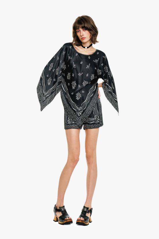  안나 수이 숏팬츠 리본 손수건 새틴 프린트 반바지 블랙 - ANNA SUI