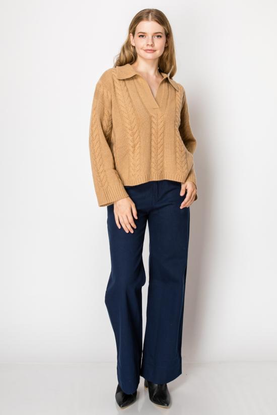  더블유 캐시미어 긴팔 티셔츠 W. 캐시미어 딘 캐시미어 케이블 니트 폴로 풀오버 샌드 - W. CASHMERE