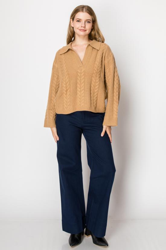  더블유 캐시미어 긴팔 티셔츠 W. 캐시미어 딘 캐시미어 케이블 니트 폴로 풀오버 샌드