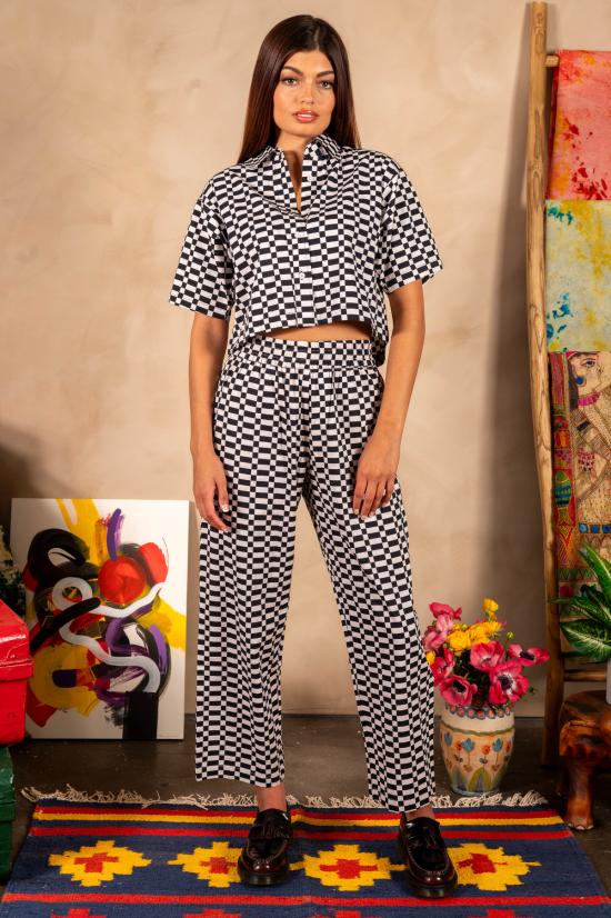  DUSHYANT. 스트레이트 팬츠 두샨트. 핸드 프린트 시마 팬츠 블랙 체크