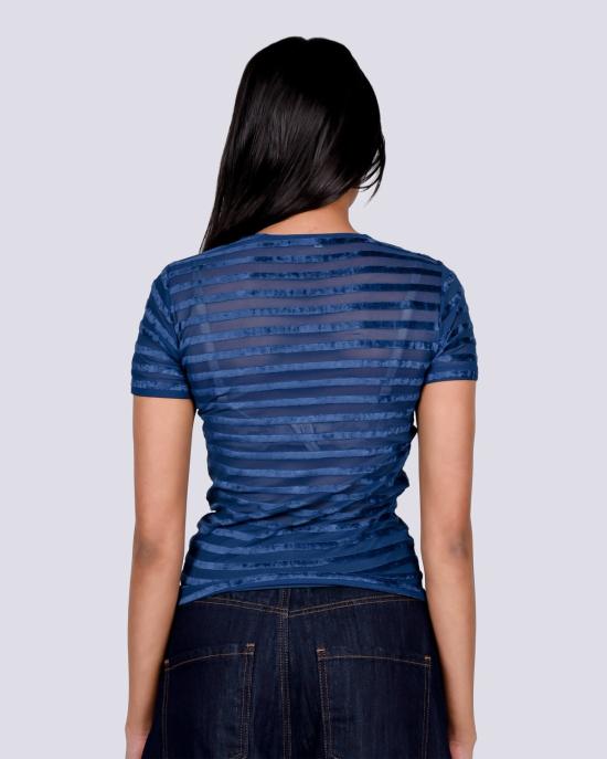  베이스레인지 반팔 티셔츠 오모 티 블루 스트라이프 벨벳 - BASERANGE