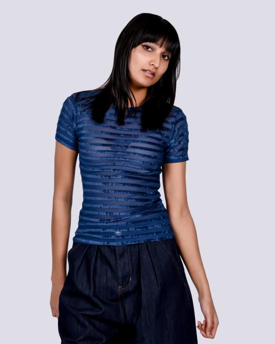  베이스레인지 반팔 티셔츠 오모 티 블루 스트라이프 벨벳 - BASERANGE