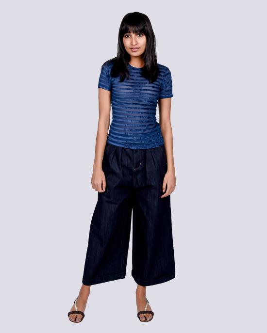  베이스레인지 반팔 티셔츠 오모 티 블루 스트라이프 벨벳