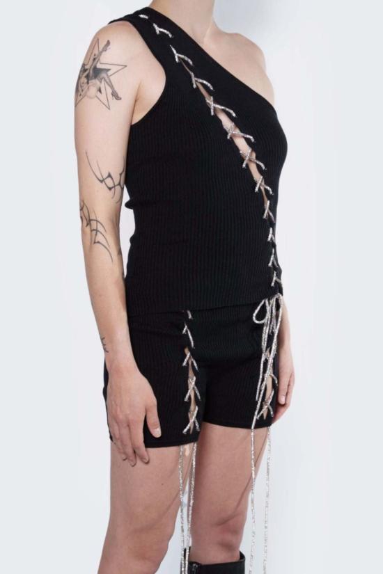  팡 뉴욕 민소매 티셔츠 팡 라인스톤 레이스업 원숄더 탑 - FANG NYC