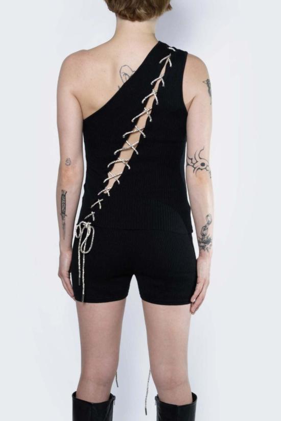  팡 뉴욕 민소매 티셔츠 팡 라인스톤 레이스업 원숄더 탑 - FANG NYC