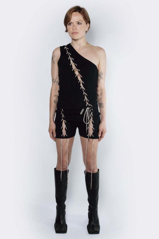  팡 뉴욕 민소매 티셔츠 팡 라인스톤 레이스업 원숄더 탑 - FANG NYC