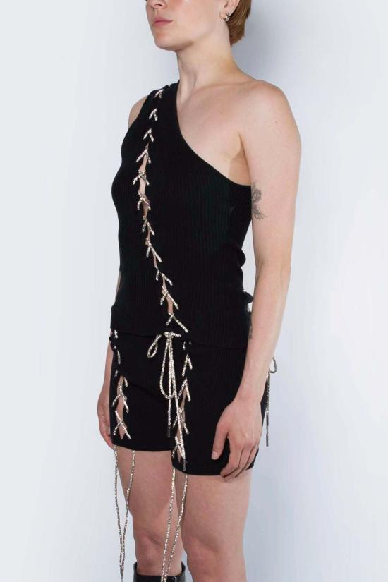  팡 뉴욕 민소매 티셔츠 팡 라인스톤 레이스업 원숄더 탑