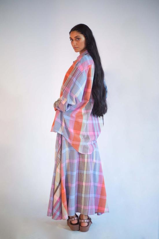  아바카시 롱 스커트 플레이드 플레어 맥시 스커트 - ABACAXI