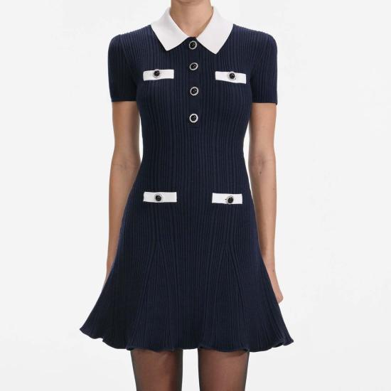  셀프 포트레이트 숏 원피스 칼라 니트 미니 드레스 네이비