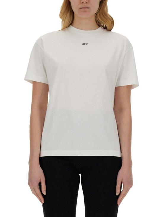  오프화이트 반팔 티셔츠 대각선 스트라이프 크루넥 티셔츠