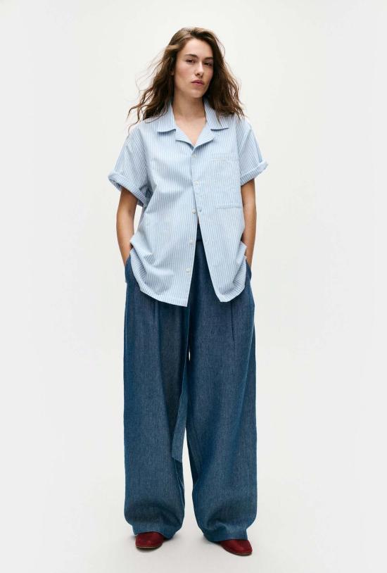  실크 런드리 셔츠 실크 세탁 면 캠프 셔츠 스톰 스트라이프