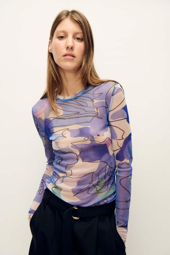  실크 런드리 긴팔 티셔츠 실크 세탁망사 긴팔 상의, 수레국화 꽃무늬 - SILK LAUNDRY