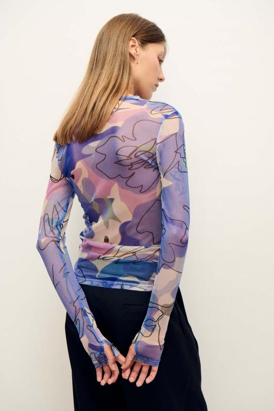  실크 런드리 긴팔 티셔츠 실크 세탁망사 긴팔 상의, 수레국화 꽃무늬 - SILK LAUNDRY