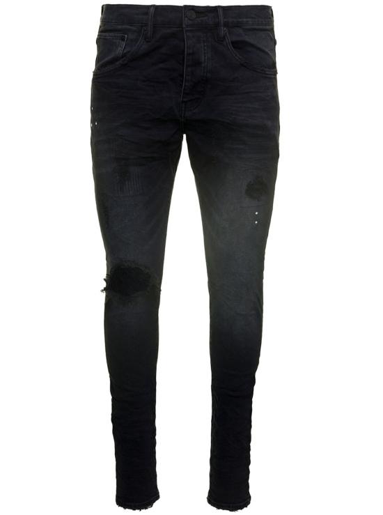  퍼플 브랜드 데님 팬츠 보라색 파이브 포켓 스타일 청바지, 찢어진 디테일, 스트레치 코튼 데님 소재, 블랙