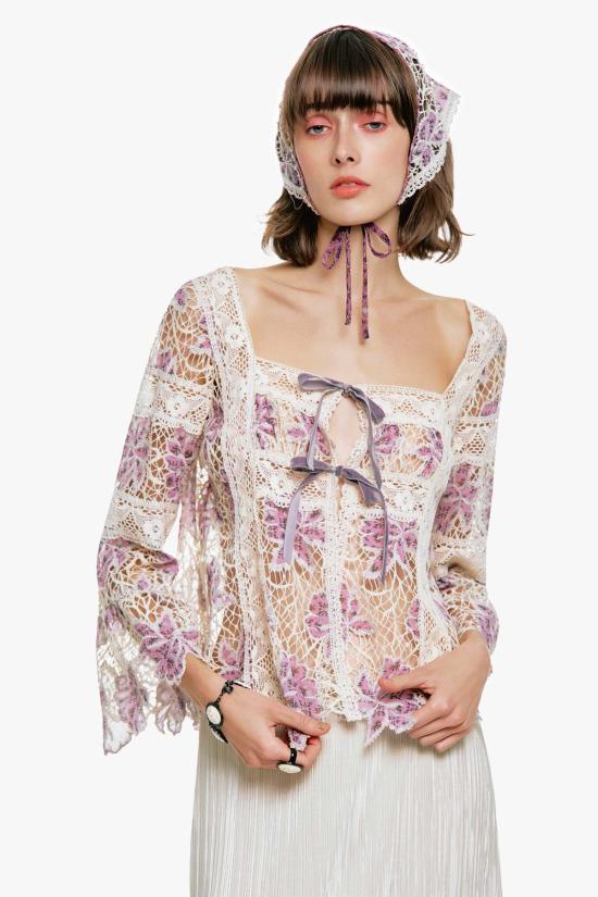  안나 수이 블라우스 메달리온 플로럴 레이스 타이 - ANNA SUI