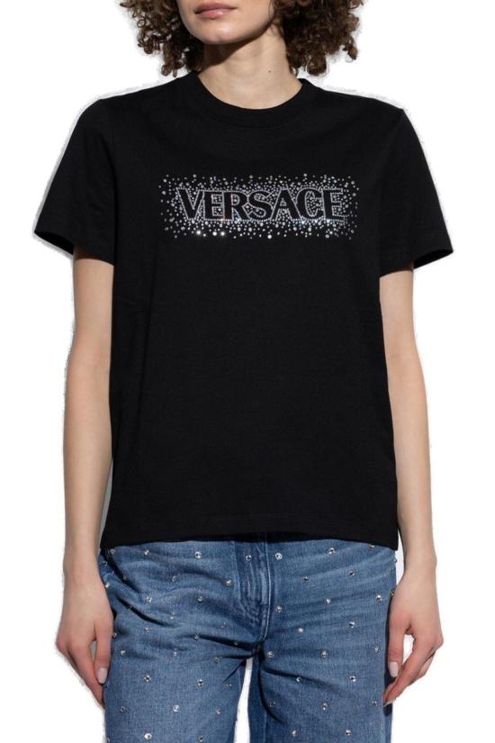  베르사체 반팔 티셔츠 반짝이는 크리스털 장식 블랙 티셔츠 - VERSACE