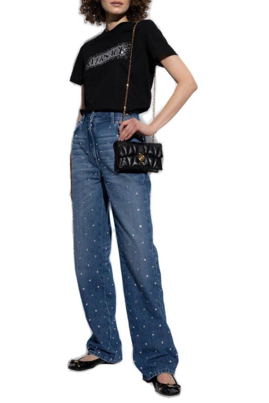  베르사체 반팔 티셔츠 반짝이는 크리스털 장식 블랙 티셔츠 - VERSACE