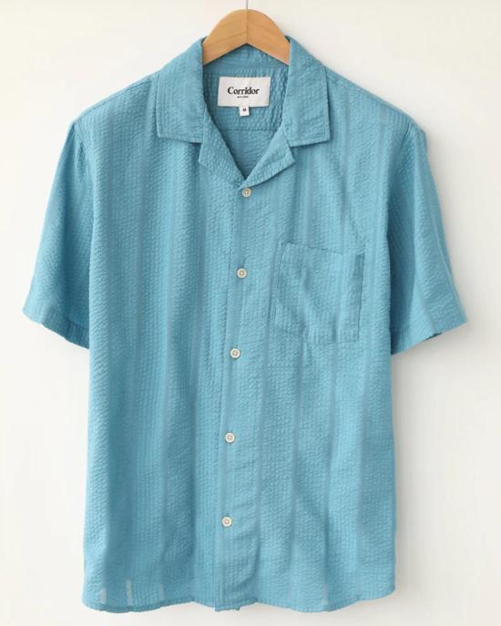  코리도 반팔 셔츠 Corridor 스트라이프 시어서커 반팔  (녹색/파란색) - CORRIDOR
