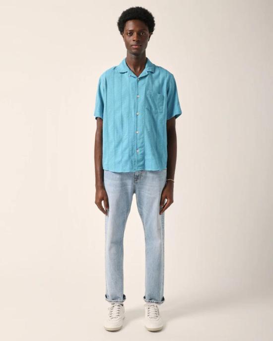  코리도 반팔 셔츠 Corridor 스트라이프 시어서커 반팔  (녹색/파란색) - CORRIDOR