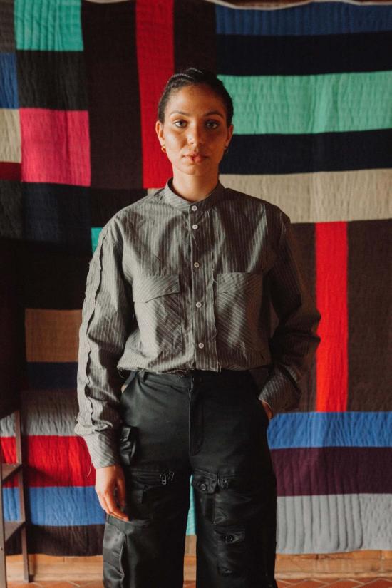  기예르모 브라보 스트레이트 팬츠 프랭크 와이드 스트라이프 팬츠 (검정/녹색) - GUILLERMO BRAVO