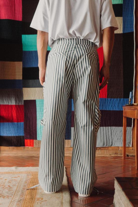  기예르모 브라보 스트레이트 팬츠 프랭크 와이드 스트라이프 팬츠 (검정/녹색) - GUILLERMO BRAVO