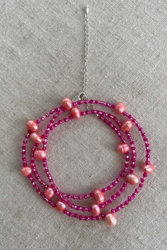  아바카시 목걸이/팬던트 고양이 요람 진주 체인 핑크 - ABACAXI