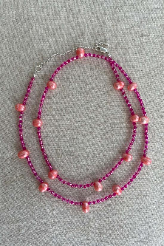  아바카시 목걸이/팬던트 고양이 요람 진주 체인 핑크 - ABACAXI