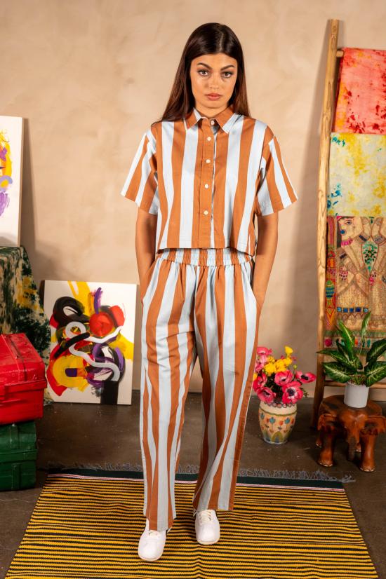  DUSHYANT. 셔츠 두샨트. 핸드 프린팅 캐미 크롭 셔츠 블루/브라운 스트라이프 - DUSHYANT