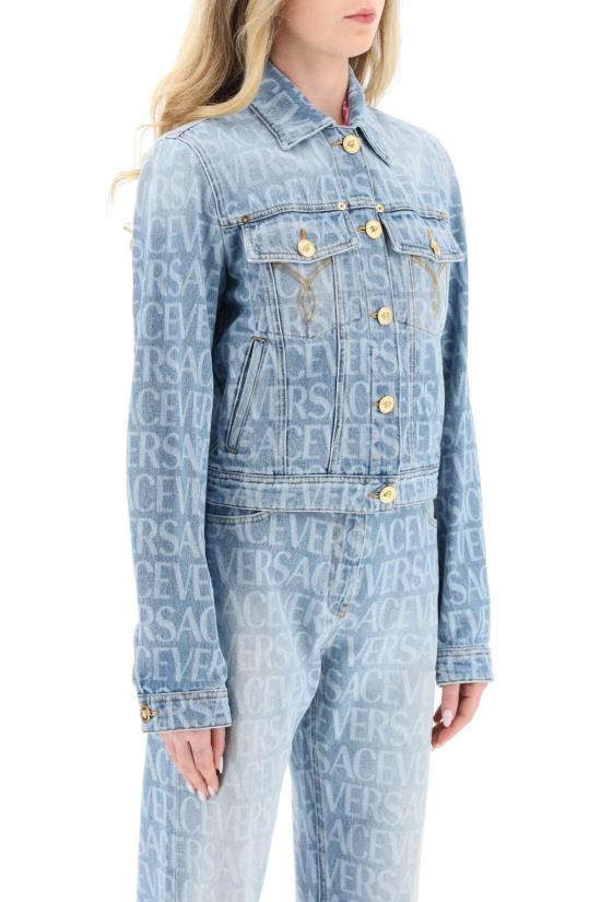  베르사체 데님 자켓 로고 전체 프린트 데님 재킷 - VERSACE