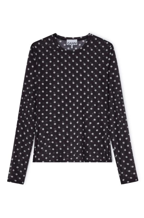  가니 긴팔 티셔츠 프린트 시스루 저지 긴팔 상의 블랙