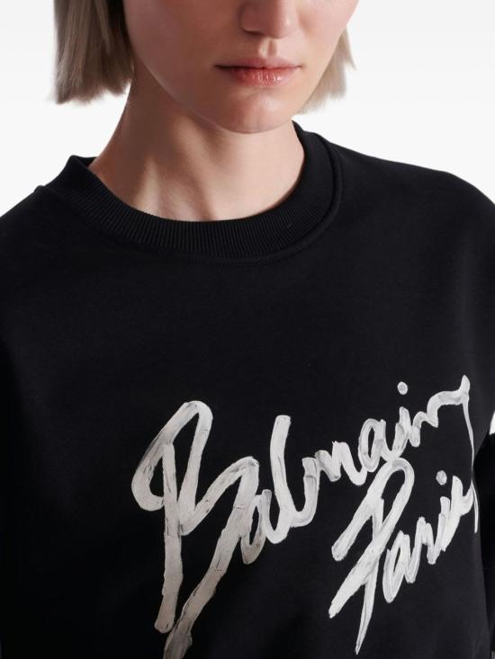  발망 스웨터 프린트 유기농 면 라운드넥  블랙 - BALMAIN