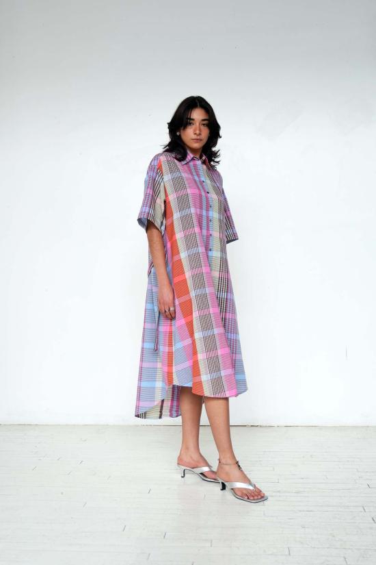  아바카시 롱 원피스 샤니 체크 셔츠 드레스 - ABACAXI