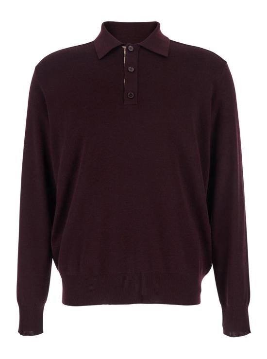  버버리 폴로 티셔츠 클래식 칼라와 체크 디테일이 돋보이는  버건디 울 소재 폴로 셔츠