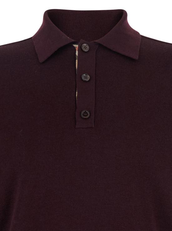  버버리 폴로 티셔츠 클래식 칼라와 체크 디테일이 돋보이는  버건디 울 소재 폴로 셔츠 - BURBERRY