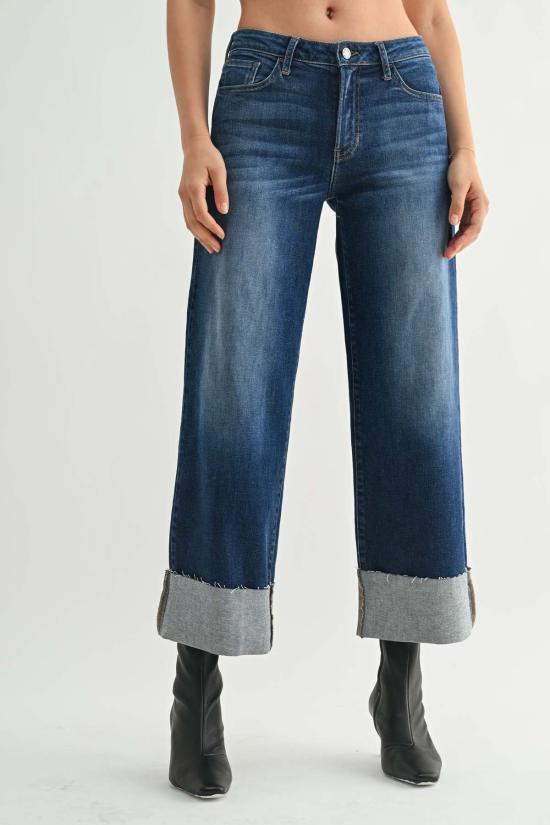  저스트 블랙 데님 데님 팬츠 시저컷 커프스 와이드 레그 진 다크 데님 - JUST BLACK DENIM