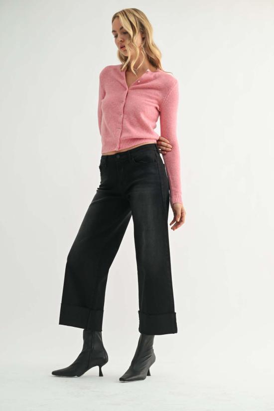  저스트 블랙 데님 데님 팬츠 시저컷 커프스 와이드 레그 진 다크 데님 - JUST BLACK DENIM