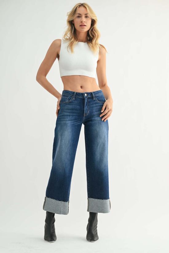  저스트 블랙 데님 데님 팬츠 시저컷 커프스 와이드 레그 진 다크 데님 - JUST BLACK DENIM