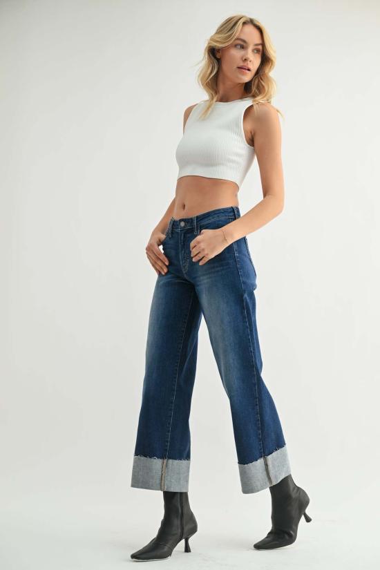  저스트 블랙 데님 데님 팬츠 시저컷 커프스 와이드 레그 진 다크 데님 - JUST BLACK DENIM