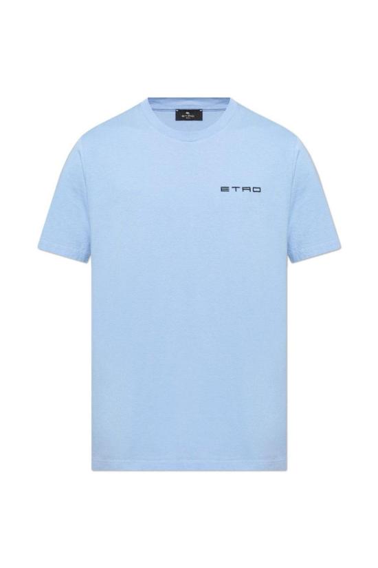  에트로 반팔 티셔츠 로고 자수 크루넥 티셔츠 클리어 블루