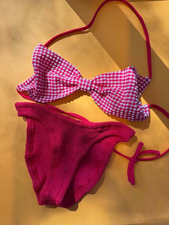  훈자 지 비키니 수영복 Hunza G Kacey 홀터 밴도 비키니 세트 레드 깅엄 - HUNZA G