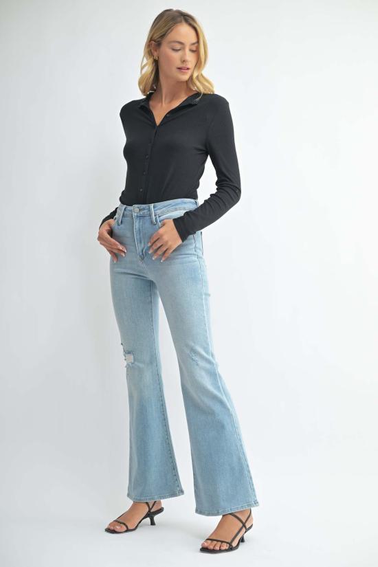  저스트 블랙 데님 데님 팬츠 90년대 원 니 디스트레스드 플레어 라이트 데님 - JUST BLACK DENIM