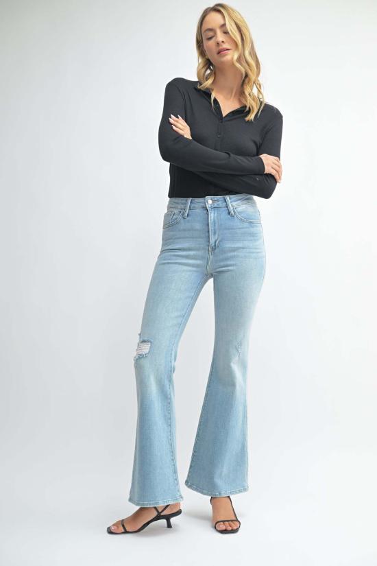  저스트 블랙 데님 데님 팬츠 90년대 원 니 디스트레스드 플레어 라이트 데님 - JUST BLACK DENIM