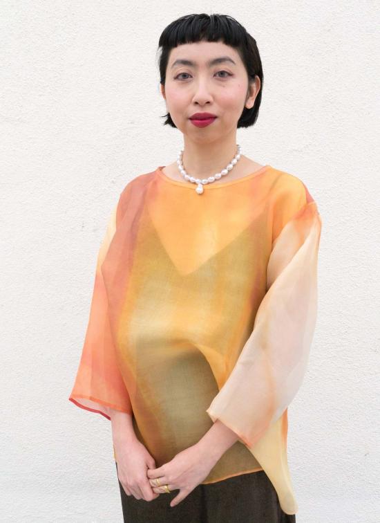  카렘 긴팔 티셔츠 아르나테 드롭 3/4 소매 프린트 오르간자 실크 탑 클로브 - KAAREM