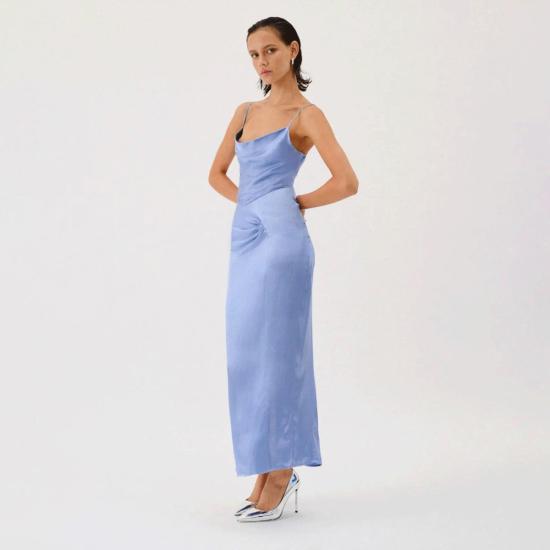  수보 롱 원피스 수부 밀레니아 카울넥 트위스트 스트랩 맥시 드레스 블루 - SUBOO