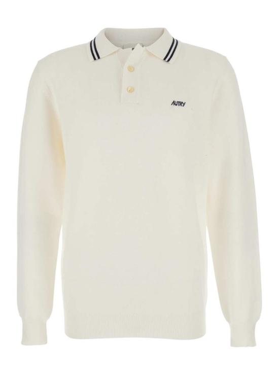  오트리 폴로 티셔츠 (Autry) 스트라이프 칼라 및 로고 자수 장식 긴팔 폴로 셔츠 (화이트)